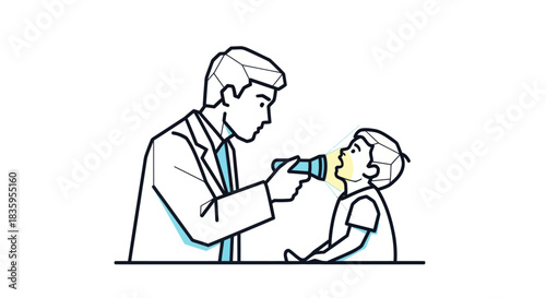 Doctor examining a childs throat with a penlight during a medical checkup.