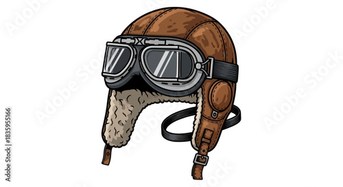 Vintage Brown Leather Aviator Helmet with Goggles Illustration.