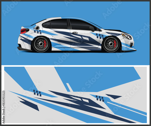 Car wrap design concept with abstract geometric graphics and blue accents