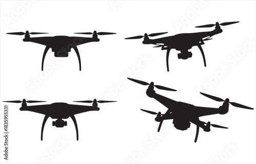 Four silhouettes of quadcopter drones in various flying positions against a white background
