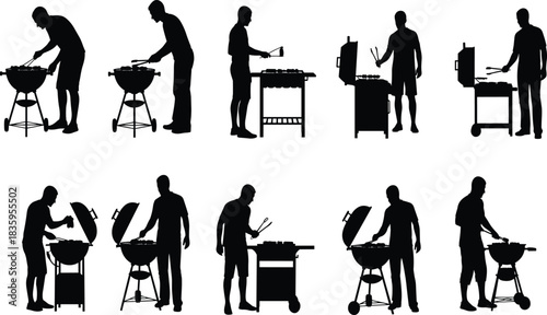Silhouettes of men grilling food on various barbecue grills cooking 1