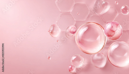 Fotografía Luxury 3D render of microscopic beauty bubbles, cosmetic oil drops, or active ingredients on a soft pink background, representing skin regeneration and deep hydration
