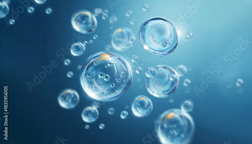 Quadro em tela Abstract 3D render of cosmetic serum spheres and water drops with micro-bubbles