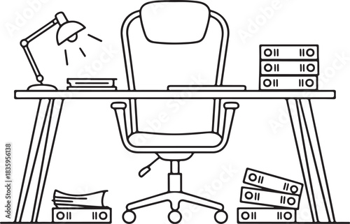 Vector line art illustration of an empty office workspace with a desk, ergonomic swivel chair, and organized binders