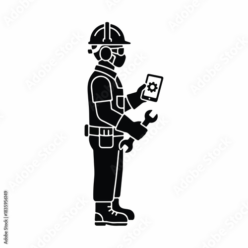 Silhouette of a technician holding a wrench and tablet, ready for work