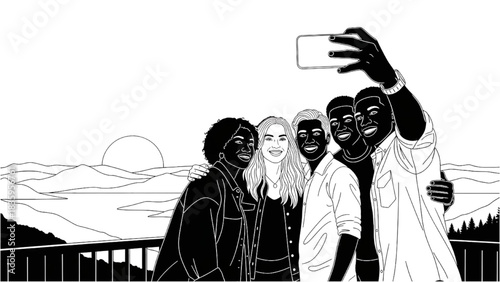 Silhouette Line Art of Friends Taking Group Selfie at Scenic Viewpoint