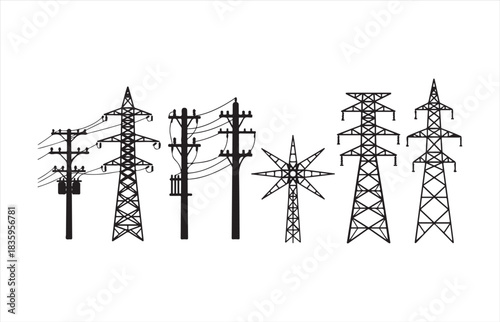 Collection of diverse electrical transmission towers and utility poles against a white background