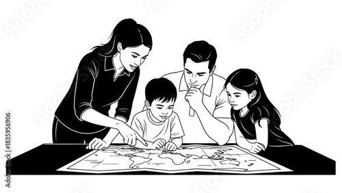 Silhouette Line Art of Family Planning Trip with World Map on Table