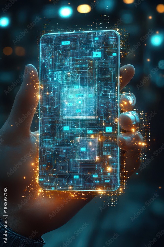 Naklejka premium Hand holding a translucent smartphone displaying glowing blue digital circuits and microchips emitting sparkling orange light particles in a dark futuristic environment