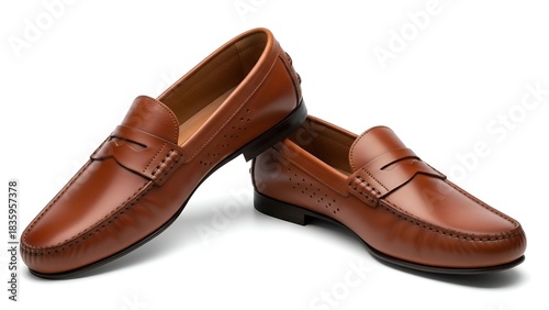 Wallpaper Mural A pair of polished, brown leather loafers are displayed, slightly angled, on a white surface Torontodigital.ca