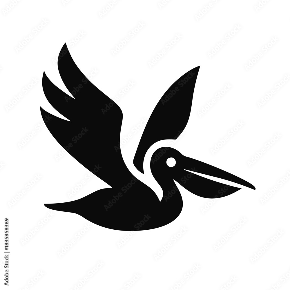 Fototapeta premium Black Silhouette Pelican Flying Logo, Wings Curved Upward