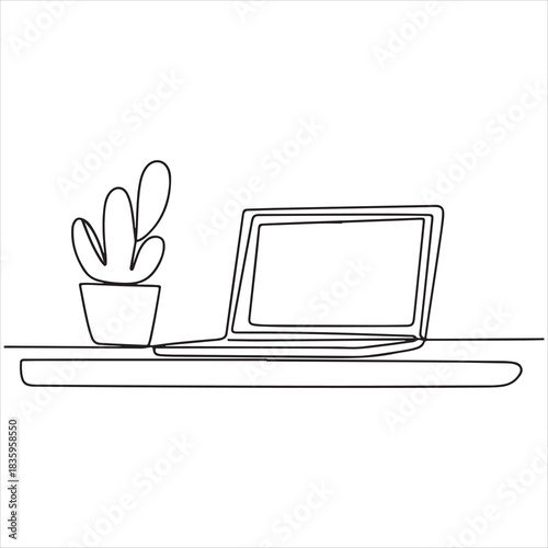 Continuous Line Drawing of a Laptop and Potted Plant on a Surface Depicting Modern Workspace Simplicity