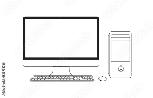 black and white computer setup on desk clip art preview