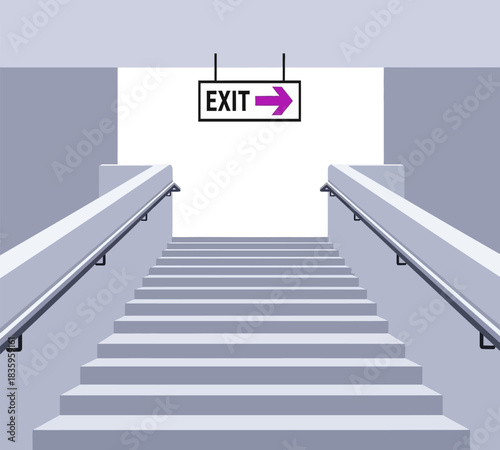Minimalist illustration of stairway leading to exit with arrow sign symbolizing escape opportunity or new beginnings in a clean modern style