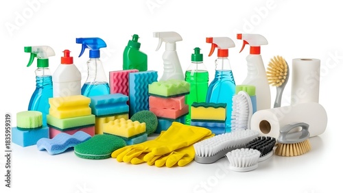Group shot of cleaning supplies including bottles, sponges, brushes, gloves, and paper towels