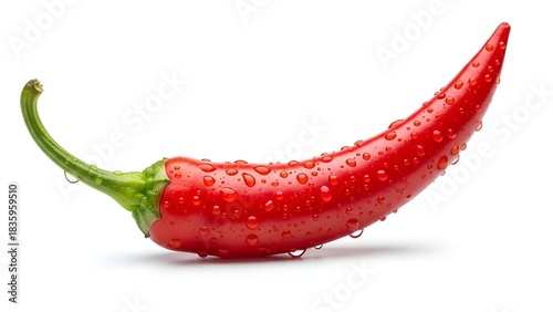 A close-up of a vibrant red chili pepper, covered in water droplets, on white