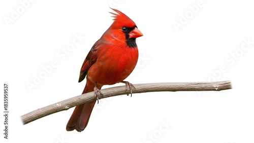 A vibrant male bird with red plumage, crest, and black mask perched on a branch (1)