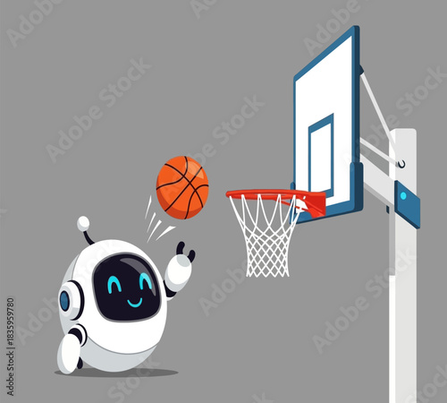 Cute robot playing basketball and shooting the ball into the hoop a fun and engaging illustration for children and technology enthusiasts