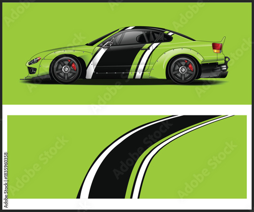 Lime green sports car with racing stripes on a road illustration