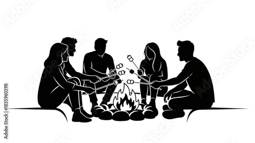 High-quality black silhouette line art of a group of friends sitting around a campfire roasting marshmallows, cozy outdoor evening, camping leisure scene