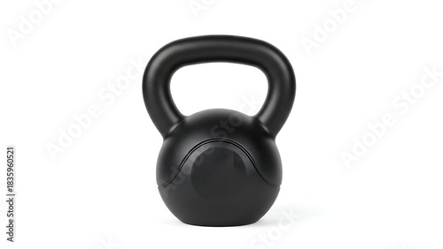 A centered, black kettlebell against a clean white background. Details include handle and base