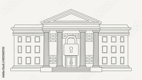 A stylized illustration of a classical building with a large padlock symbol superimposed on its entrance, symbolizing security or restricted access.