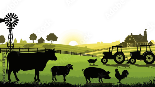 Farm Life Silhouette: A picturesque countryside scene unfolds, capturing the essence of agricultural tranquility with silhouettes of livestock, machinery, and a classic windmill against a bright sky.