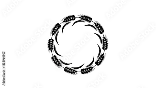 A circular pattern of stylized black wheat stalks or abstract crescent shapes on a white background, forming a symmetrical design.