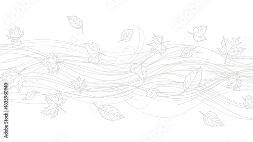 A delicate illustration of autumn leaves carried by the wind, depicted with flowing lines and a soft color palette.