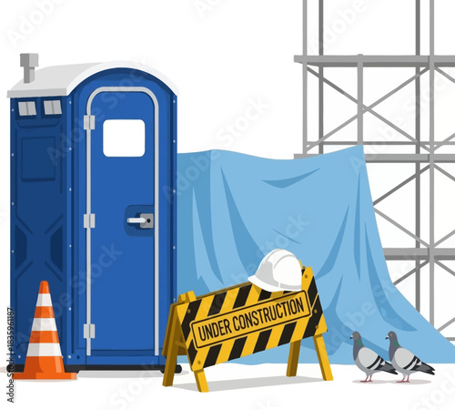 Construction site with portable toilet scaffolding and safety equipment illustration for construction sanitation and workplace safety concepts