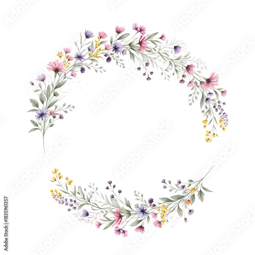 Floral wreath frame with watercolor flowers and leaves on black background