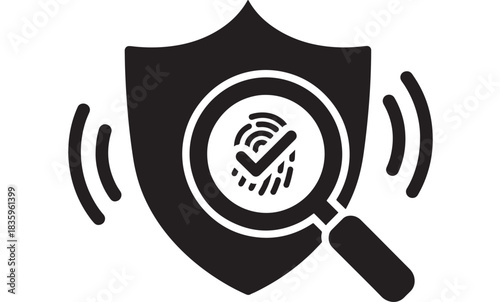 Cybersecurity fingerprint scan approved with magnifying glass and security shield, illustrating identity verification, digital access control, and protection against cyber threats