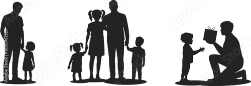 Family silhouette vector illustration, parents and children standing together, father gifting child present scene, black figures isolated on white background
