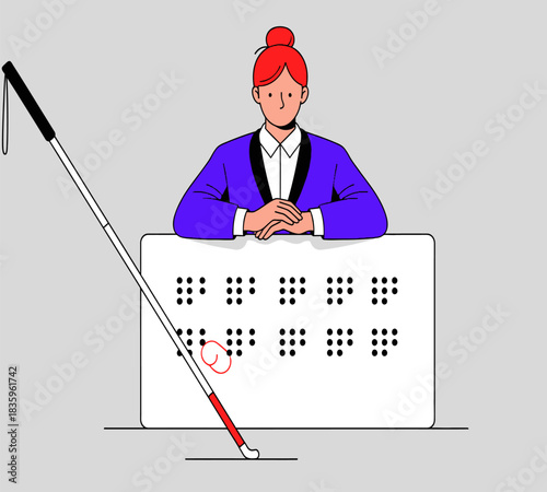 Visually impaired woman reading braille with cane promoting accessibility and inclusion for people with disabilities in education and technology settings