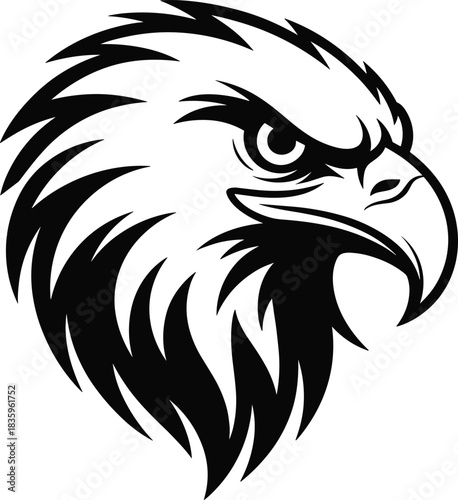Eagle head silhouette logo vector illustration, fierce bird of prey emblem, black and white mascot design isolated background art printable