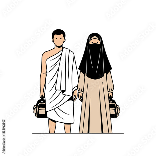 Hajj Couple in Ihram and Niqab Holding Bags Vector