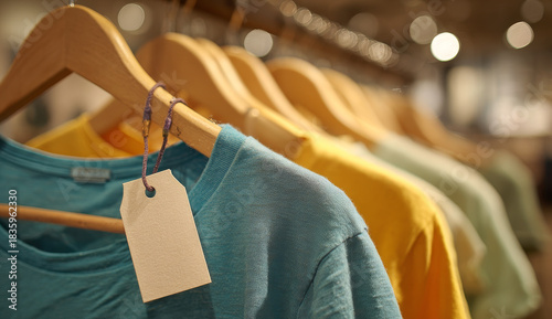 Colorful assortment of casual cotton t-shirts on wooden hangers with price tags in a retail store, vibrant, soft fabric, various hues, retail clothing display, fashion, apparel