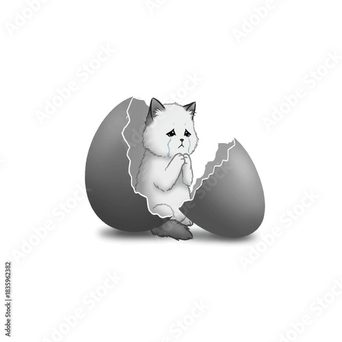 A cute sad kitten emerges from a cracked egg.