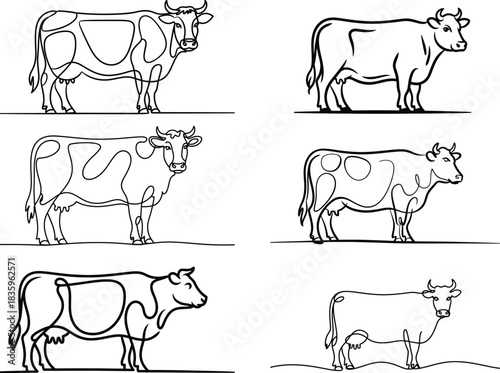 Minimal One Line Cow Illustration Set. Modern Continuous Line Farm Animal Vector