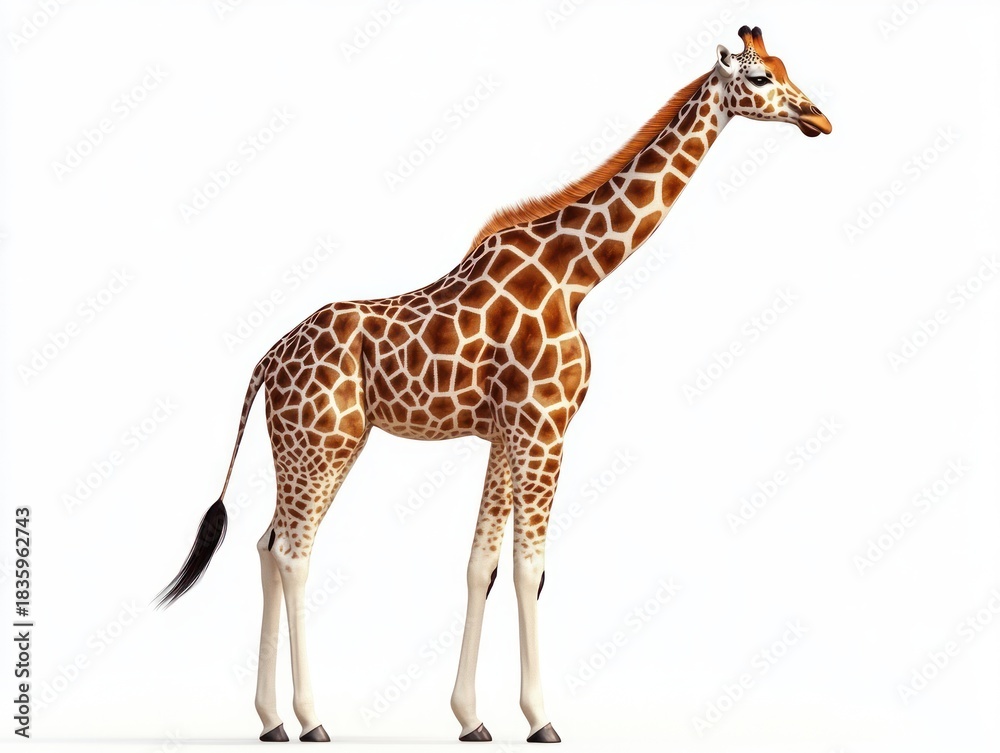 Naklejka premium Side view of a standing giraffe with detailed brown and white patterned fur on a white background