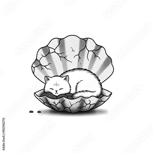 Cat Sleeping in a Seashell Illustration.
