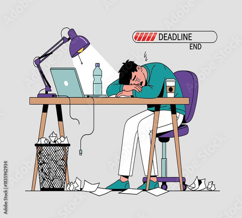 Burnout illustration of overworked man sleeping at desk with deadline bar approaching end depicting stress and exhaustion from work