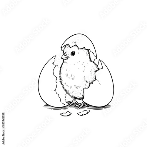 Newly hatched chick emerging from eggshell black and white line art.
