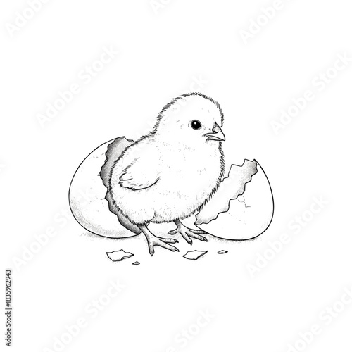 Newly hatched chick standing next to its broken eggshell black and white illustration.