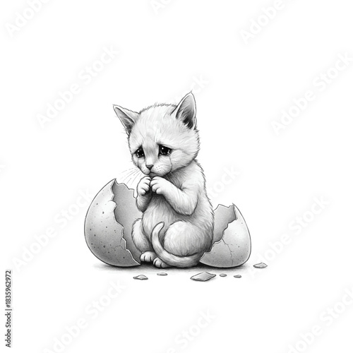 Sad kitten hatching from an egg illustration.