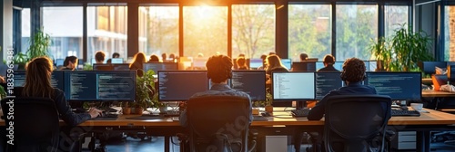 Office workspace with multiple people working on computers showing code on screens during sunset with plants on desks creating productive and focused atmosphere