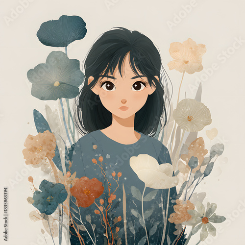 Cartoon vector illustration of a child girl with a beautiful floral bouquet in a summer garden