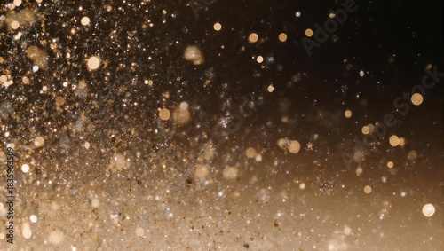 Abstract golden bokeh lights on a dark background, festive atmosphere.