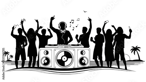 High-quality black silhouette line art of a group of friends celebrating on a beach with music and drinks, summer party, joyful seaside gathering