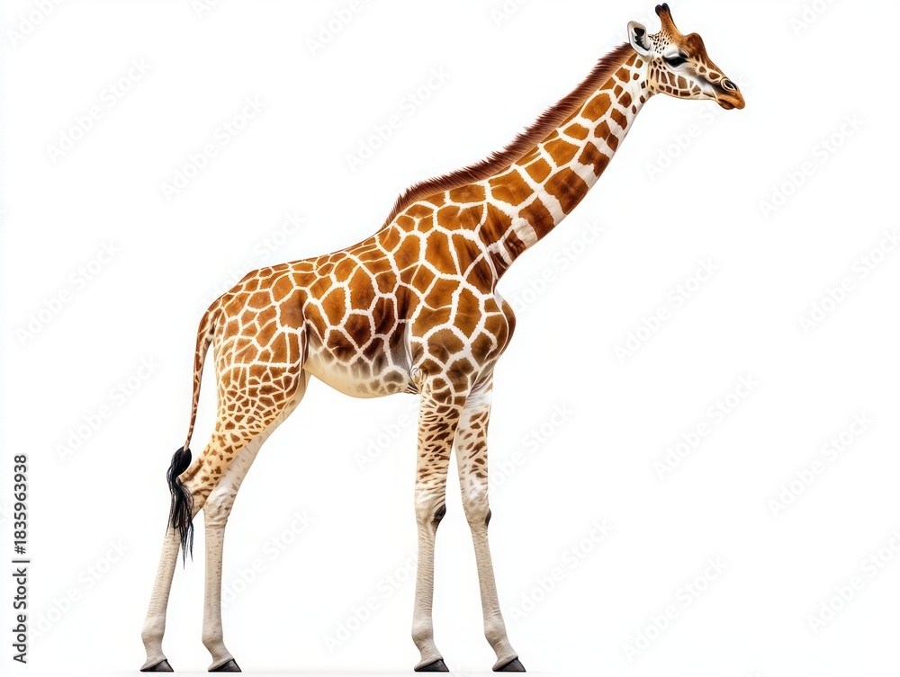 Fototapeta premium A tall adult giraffe standing with its long neck extended, showcasing distinctive brown and white patchy fur pattern against a white background